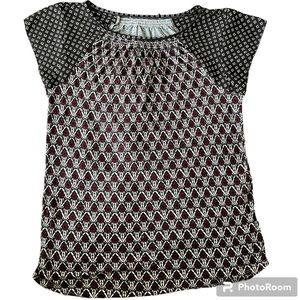 Maroon, White and Black Patterned Rayon Polyester Short Sleeve Women’s Shirt